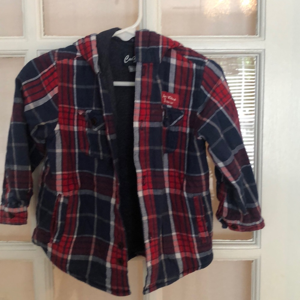 Infant red sweater and red/blue flannel jacket - Picture 2 of 6